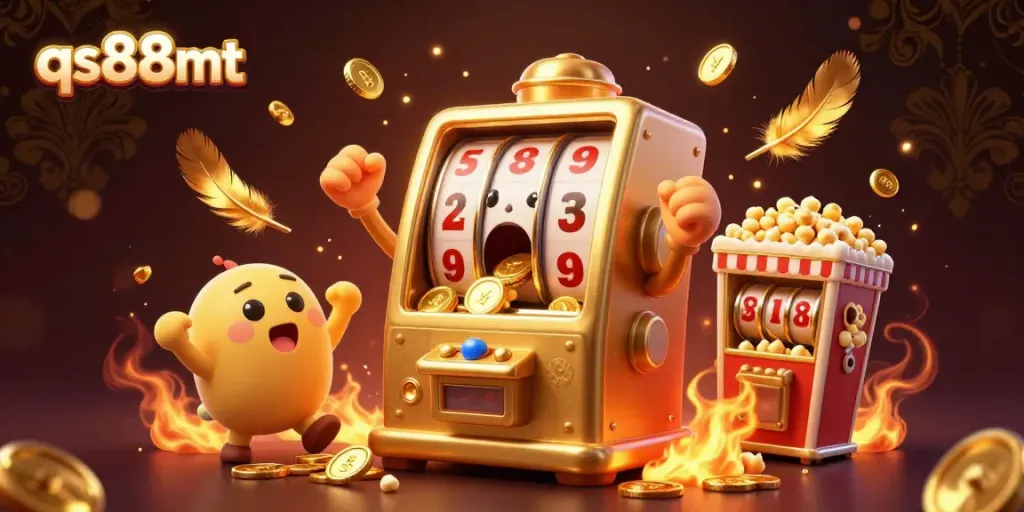 Experience the excitement of qs88mt as a golden slot machine wins a jackpot, surrounded by cheering companions.