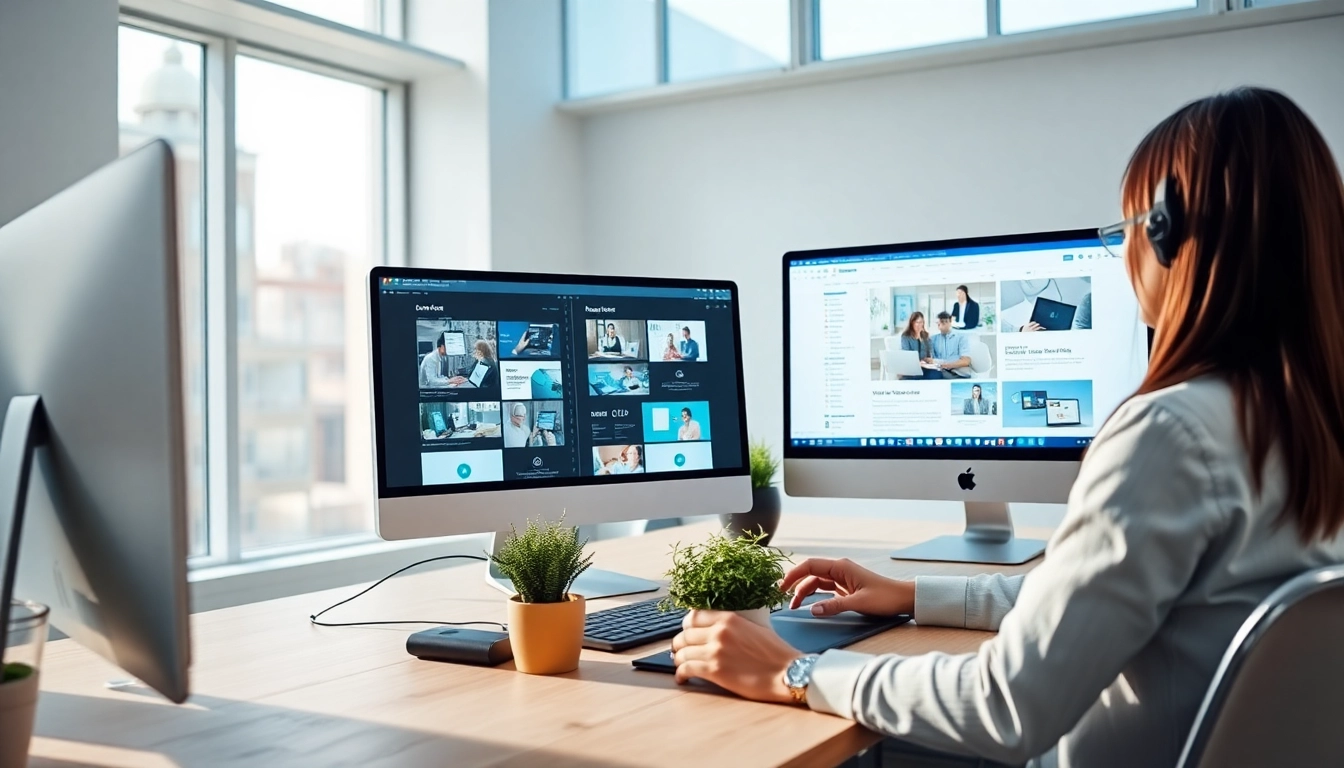 Webdesign Hannover in einer modernen Büroumgebung mit einem Designer, der mit einem Kunden zusammenarbeitet.
