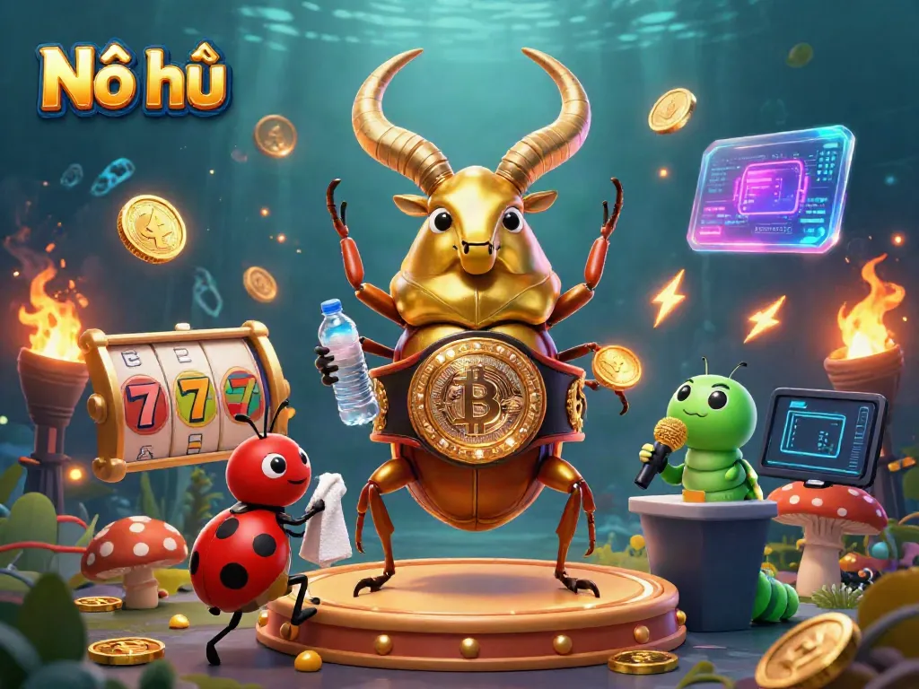 Nổ hũ game scene with a golden stag beetle champion, ladybug helper, and caterpillar announcer amidst casino elements.