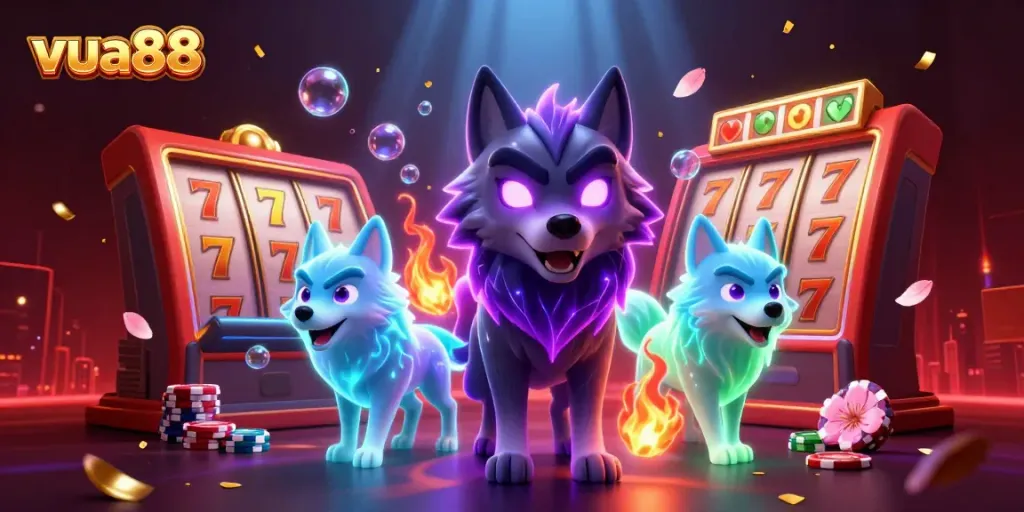 Engage with vibrant casino elements featuring vua88, showcasing dynamic slot reels, glowing poker chips, and colorful characters.