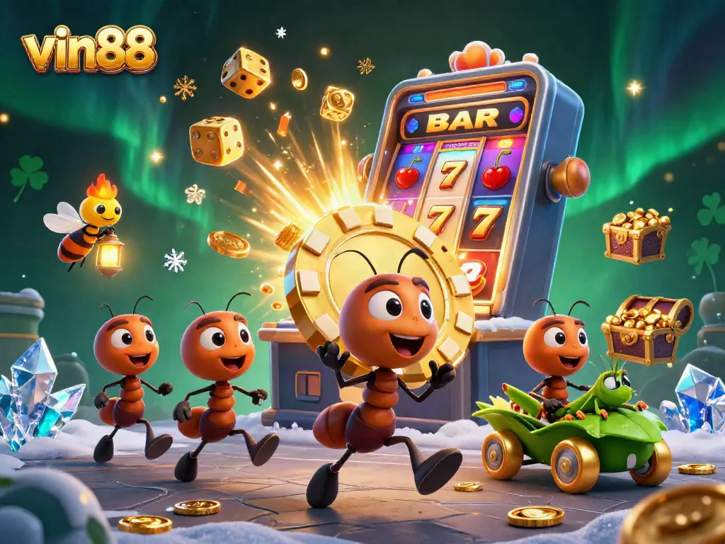 Experience thrilling wins at vin88 with a team of ants heisting a giant poker chip amidst dazzling casino elements.