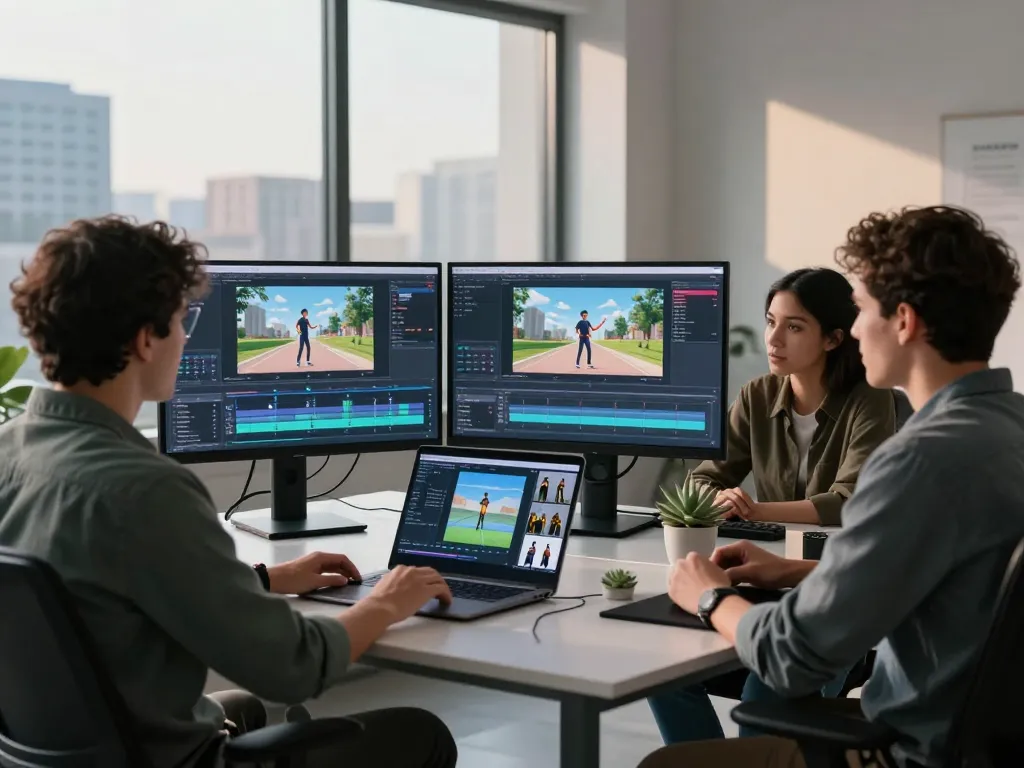 Creating AI videos with free motion control at a modern studio, showcasing collaborative video editing.