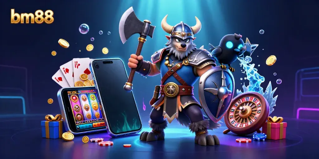 Engage with exciting bm88 casino games illustrated by a Viking warrior, dragon, and raven amidst vibrant slot game elements.