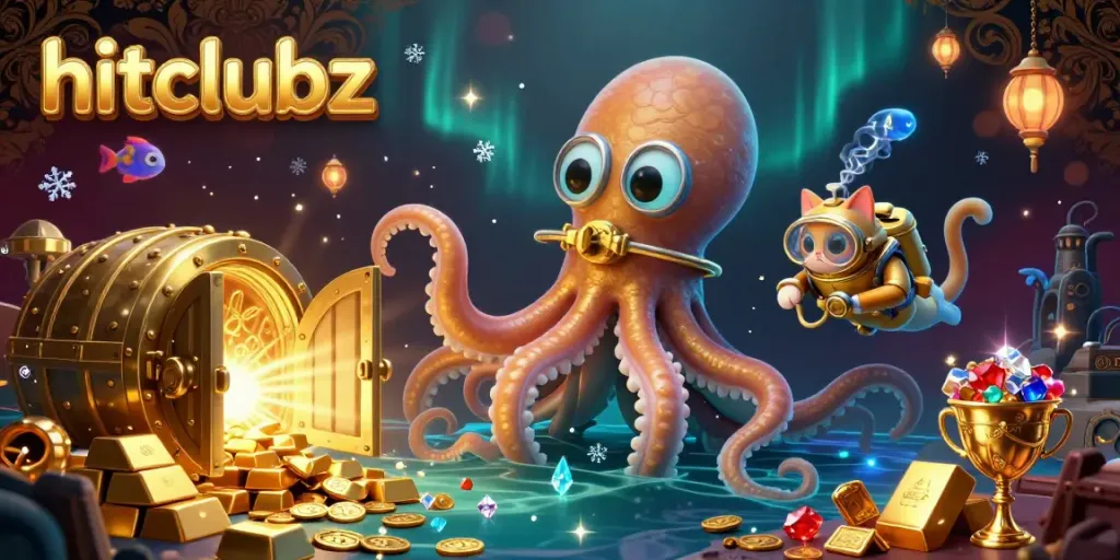 Experience the thrill at hitclubz with a vibrant kraken and diving cat amidst treasures and gold.