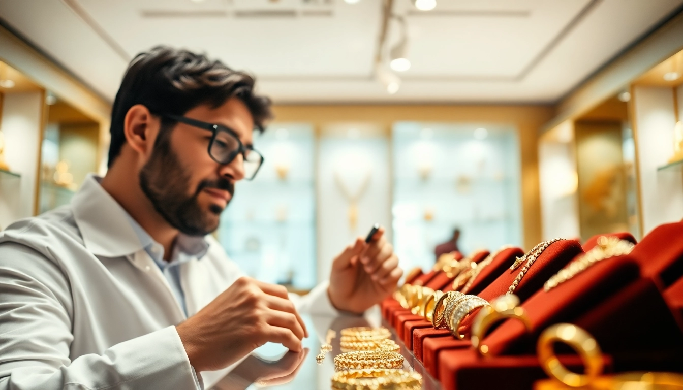 Gold verkaufen: Fachmann beurteilt wertvolle Goldschmuckstücke in einem eleganten Schaufenster.