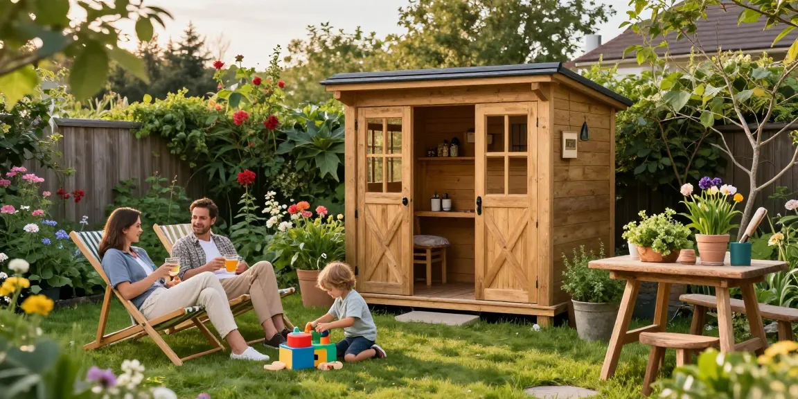 Entspanntes Gartenhaus mit blühenden Pflanzen und einer Familie im Garten.