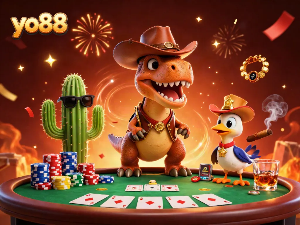 Experience the excitement of yo88 in a vibrant casino scene with a T-Rex and friends at a poker table.