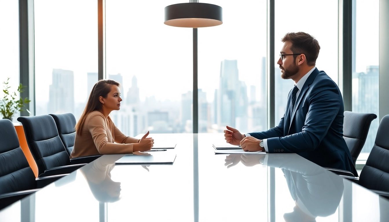 Headhunter Ingenieure in an engaging conversation with an engineer candidate in a modern office.