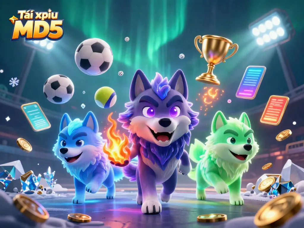Experience dynamic gameplay with Tài xỉu MD5 featuring glowing wolves and vibrant sports elements.