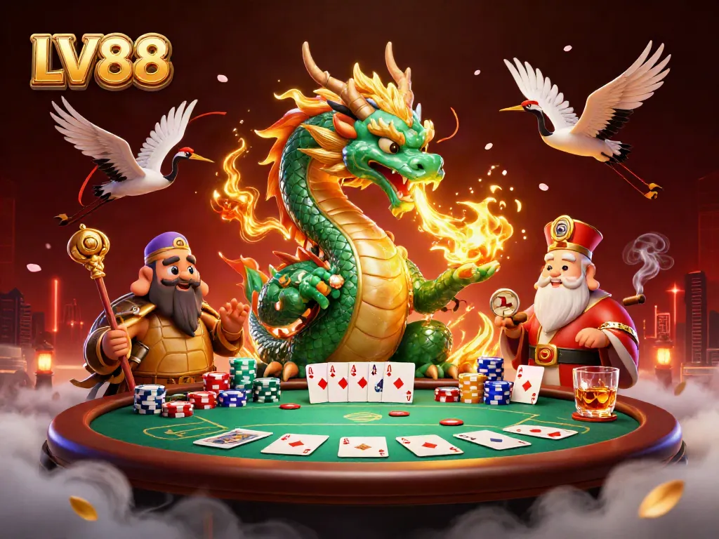 Experience high-stakes gaming with LV88's vibrant casino illustration featuring captivating characters and dynamic poker elements.