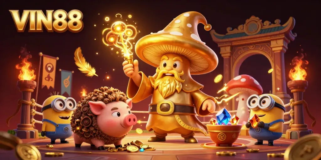 Experience the thrill of winning at VIN88 with a dynamic 3D illustration featuring a golden mushroom wizard casting magic in a lively gaming scene.