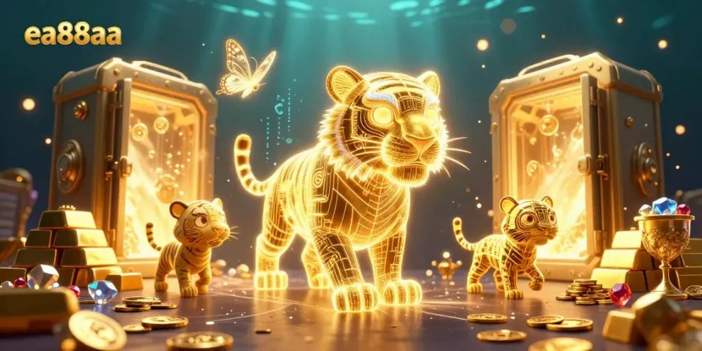 Experience winning excitement at ea88aa, featuring a golden tiger in a vibrant digital casino landscape.