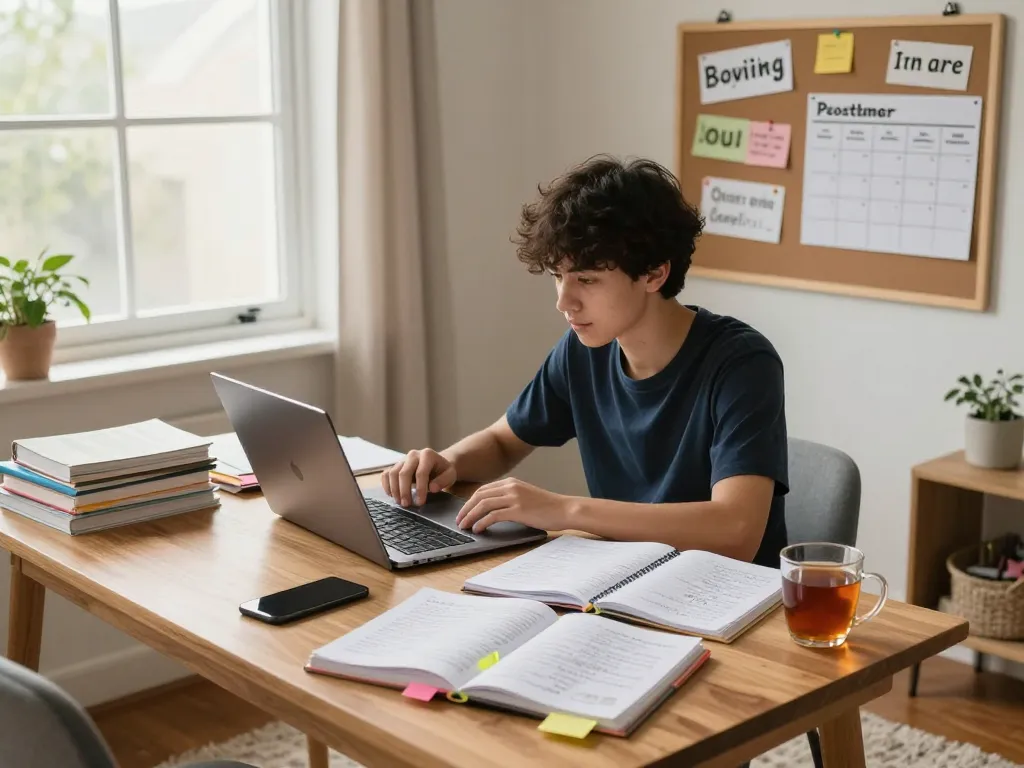 Ein Student, der einen Hausaufgaben-Scanner in einem gemütlichen Arbeitszimmer mit Lehrbüchern und Notizen nutzt