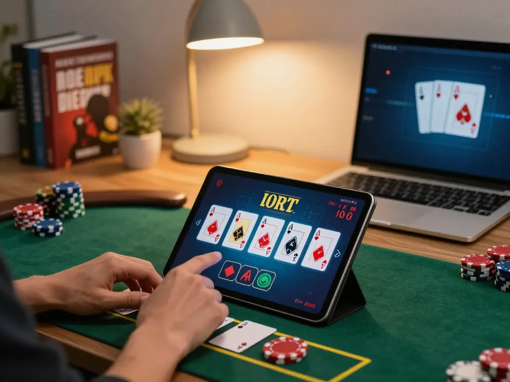Winwin player strategizing blackjack at home on tablet with vibrant display.