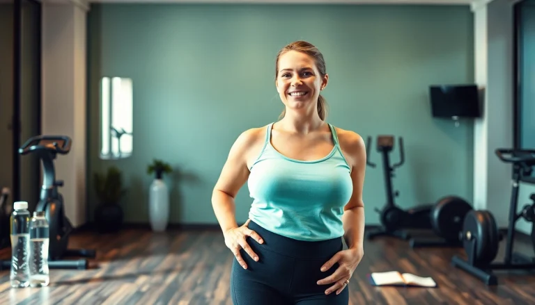 Motivierte Person schildert ihren Gewichtsverlust-Erfolg im Fitnessstudio.