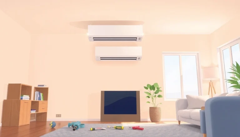 Klima installieren: Techniker bei der Montage einer modernen Klimaanlage an einer Wohnzimmerwand.