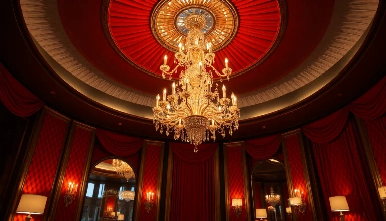 Luxury living room with a stunning chandelier and plush velvet furnishings creating an elegant ambiance.