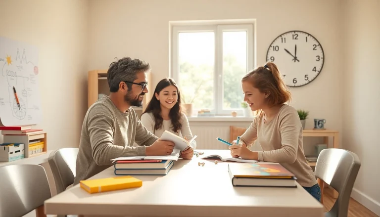 Ein Kind und ein Elternteil lernen gemeinsam beim Heimunterricht in einem hellen, freundlichen Raum, umgeben von Schulmaterialien.