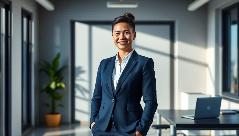 AI generated professional headshot showcasing a confident individual in business attire.