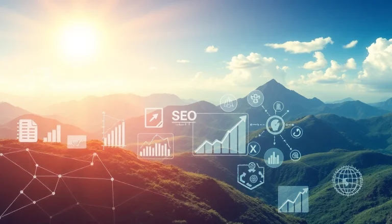 Visualisieren Sie das Wachstum des SEO-Ranking durch dynamische digitale Elemente in einem inspirierenden, futuristischen Landschaftsbild.