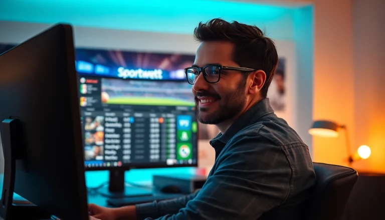 Erleben Sie grenzenlose Möglichkeiten mit sportwetten ohne einzahlungslimit, dargestellt durch einen Sportwetten-Enthusiasten am Computer.