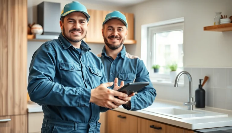 Professioneller Installateur Notdienst bei der Behebung eines Wasserlecks in einer modernen Küche.