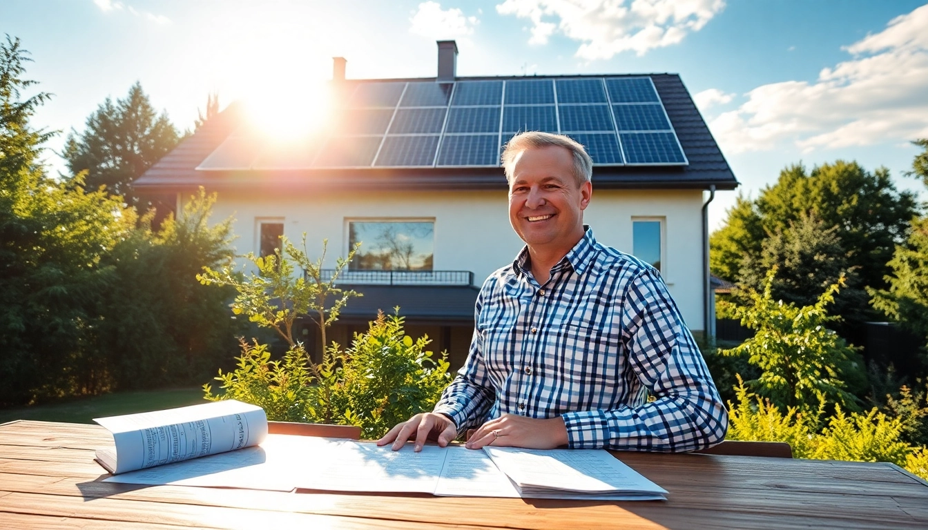 Erfahrungen mit dem Kauf einer Solaranlage: Glückliches Paar im Garten präsentiert die Vorzüge der Solarenergie.