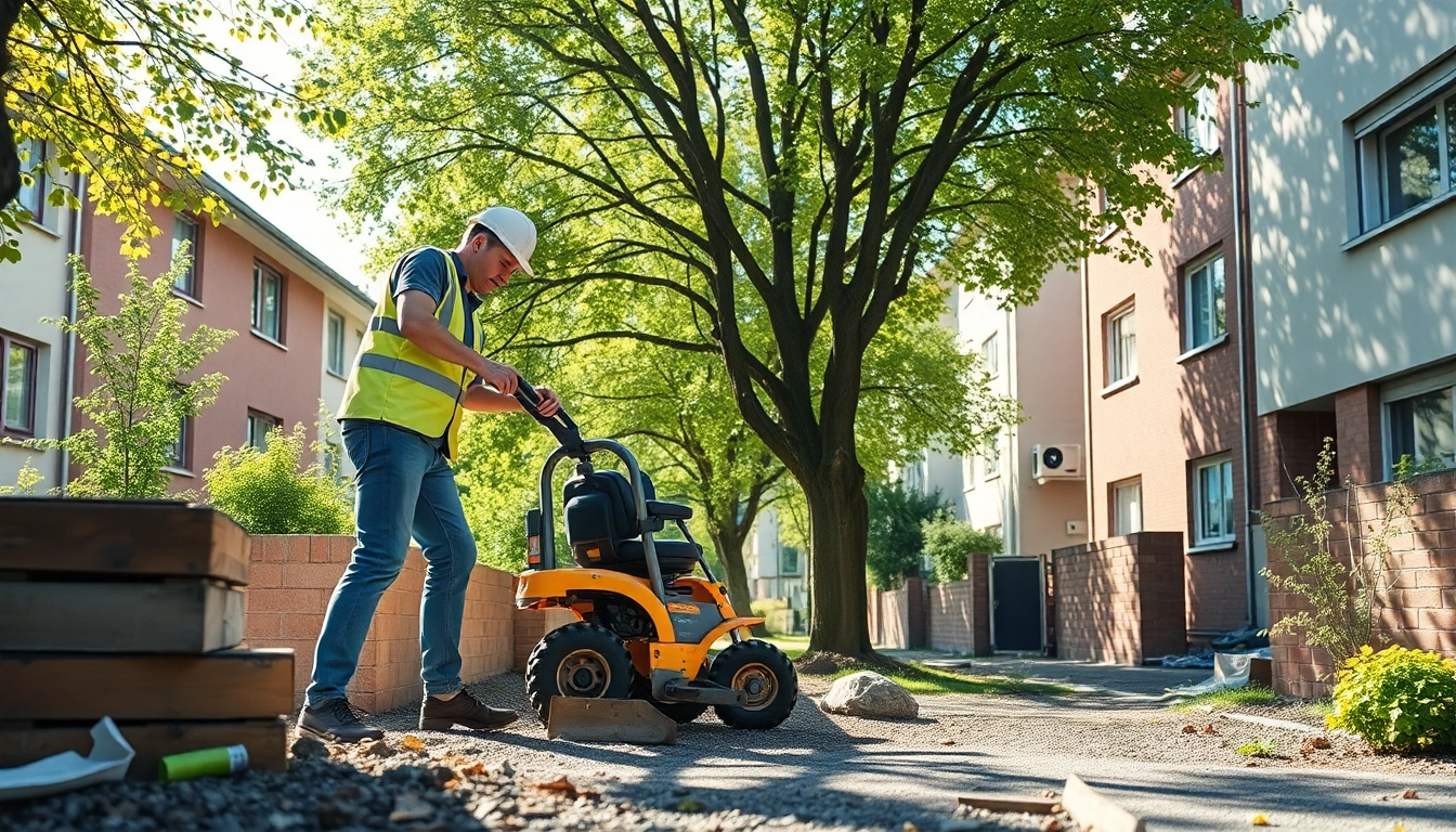 Bagger leihen Hannover preis: Moderner Minibagger gräbt im städtischen Umfeld.