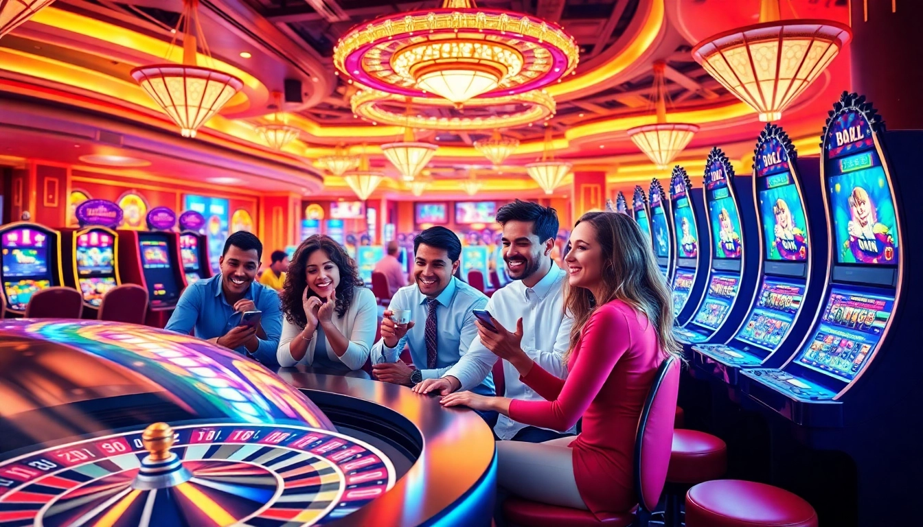 Experience the thrill of real money online casino games with vibrant visuals of players enjoying slots and roulette.