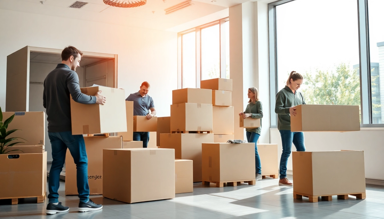 Professionelles Umzugsunternehmen im Saarland verpackt Möbel in einem modernen Büro, zeigt Teamarbeit und Effizienz.