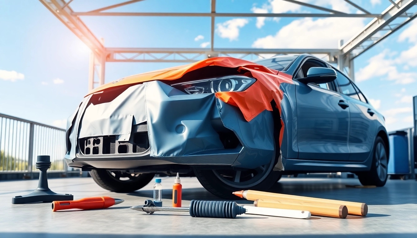 Unfallfahrzeug mit Hagelschaden Reparatur München unter einem Reparaturzelt mit Werkzeugen im Vordergrund.