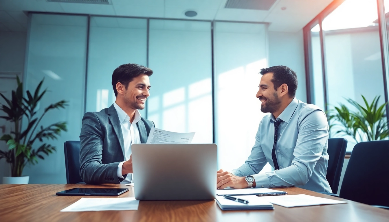 Berater übergibt einem Klienten einen Lebenslauf, symbolisierend die Personalvermittlung.