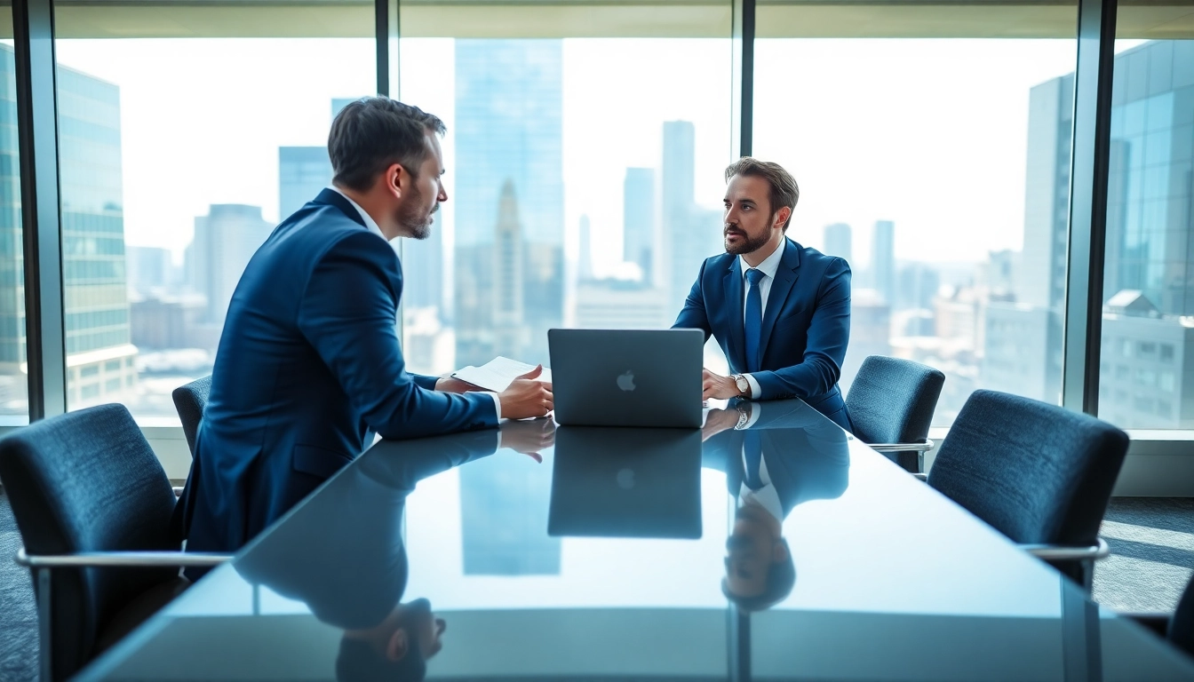 Headhunter discussing career opportunities with a candidate in a modern office.