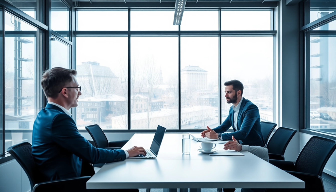 Headhunter Karlsruhe im Gespräch mit einem Kandidaten in einem modernen Büro.