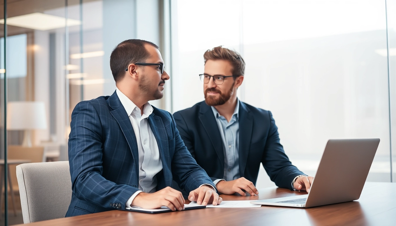 Headhunter Geschäftsführer führt professionelles Gespräch in modernem Büro.