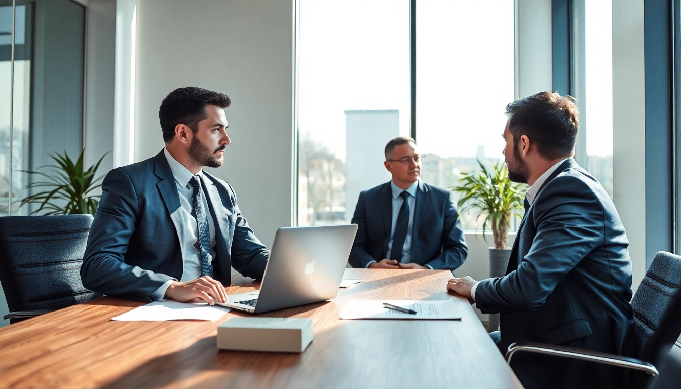 Headhunter Schweiz berät Kunden in modernem Büro mit Besprechungstisch und Laptop.