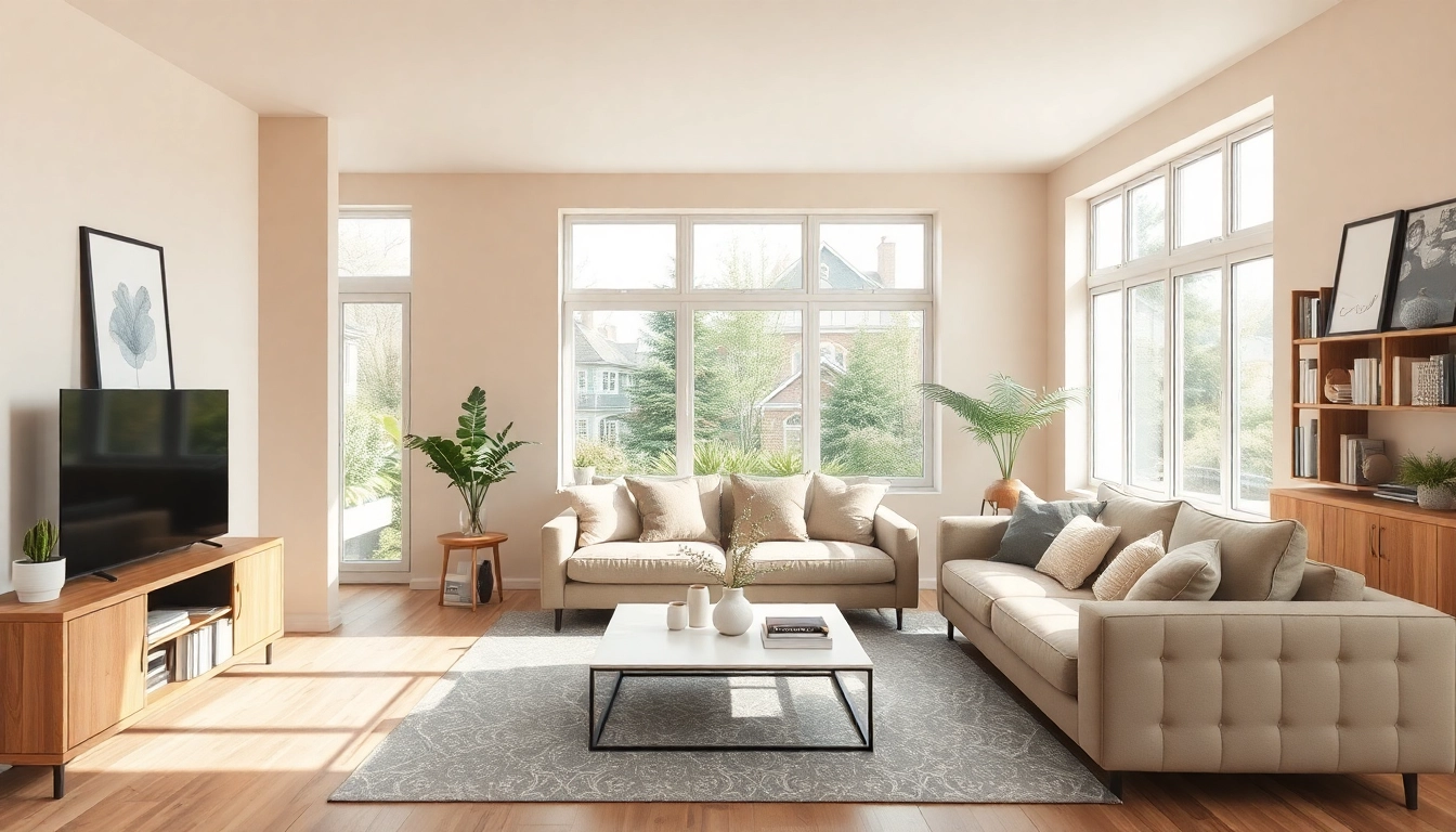 Moderne Raumgestaltung eines einladenden Wohnzimmers mit hellen Farben und natürlichen Lichtakzenten.