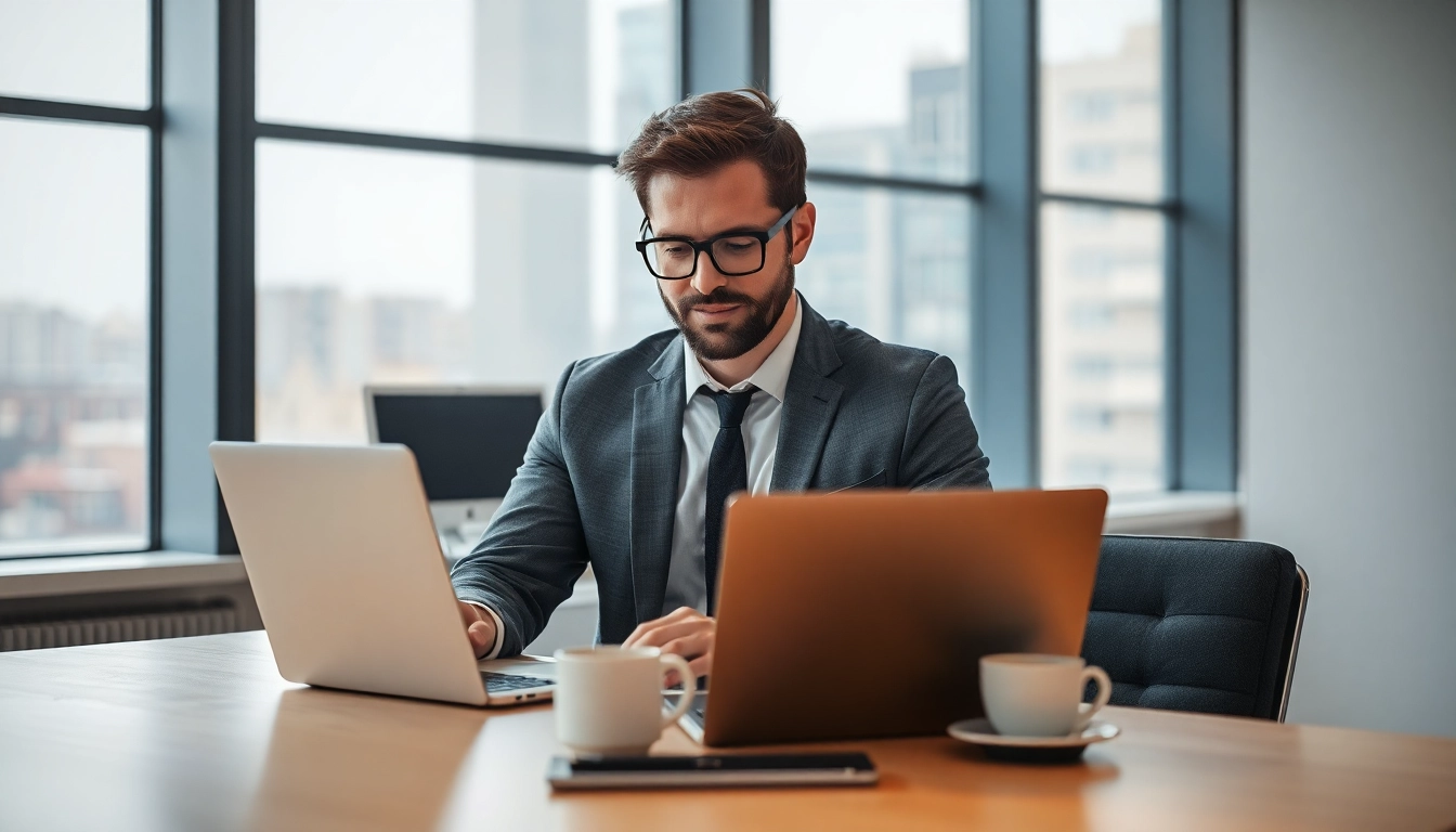 Headhunter IT an einem Schreibtisch, der Bewerbungen prüft und konzentriert arbeitet