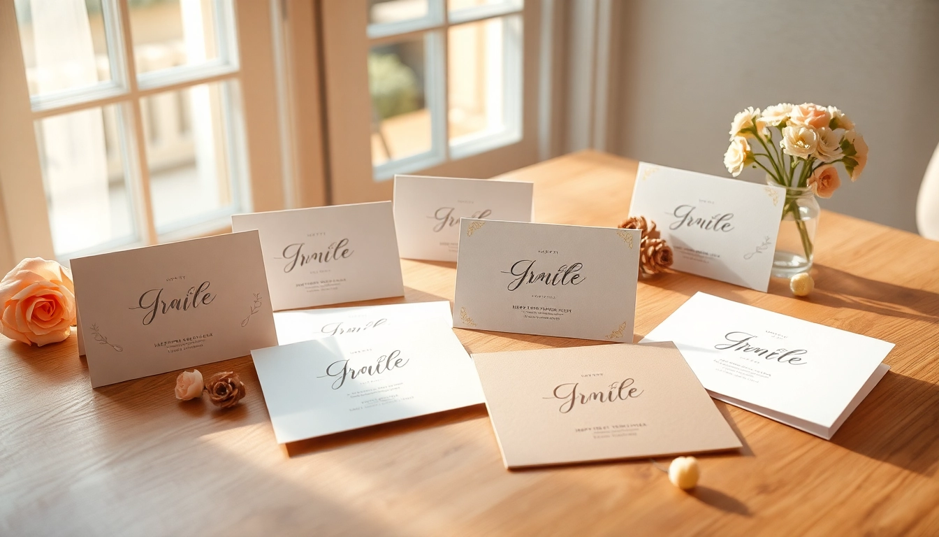 Präsentation von Premium Grusskarten Design auf einem gemütlichen Holztisch, umgeben von blühenden Accessoires und natürlichem Licht.