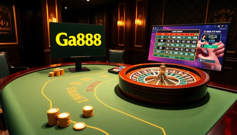 Action-packed gambling scene with Ga888 gaming elements showcasing a lively online casino atmosphere.