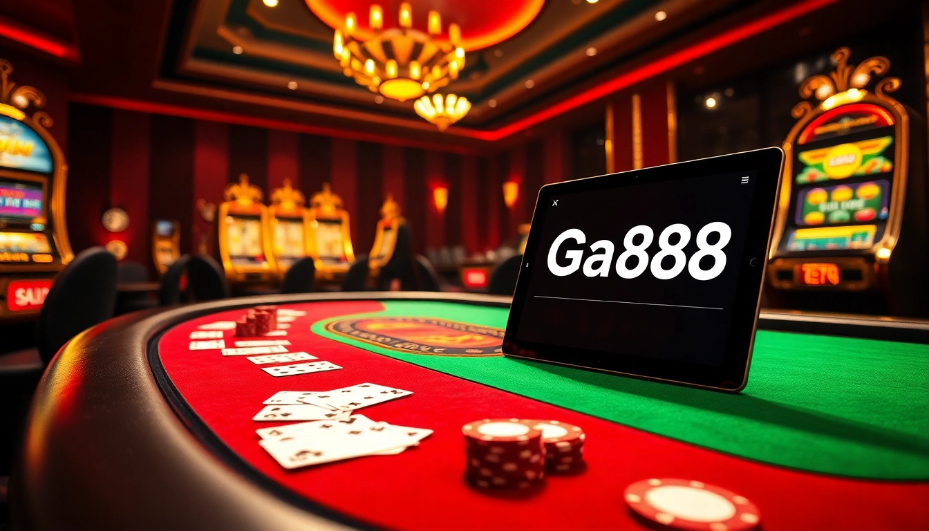 Ga888 casino scene showcasing vibrant poker chips and a luxurious gambling table.