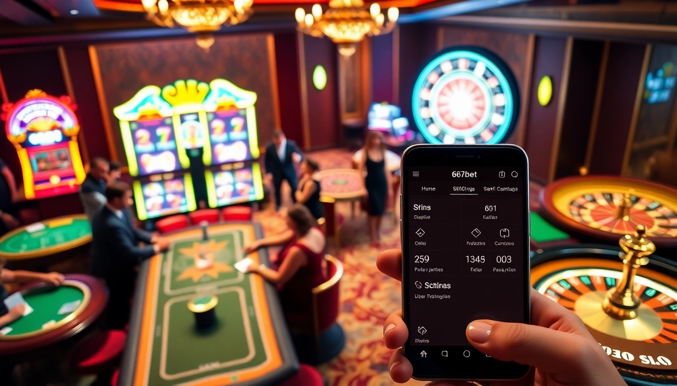 Experience the excitement of 667bet with vibrant casino tables, slots, and a roulette wheel.