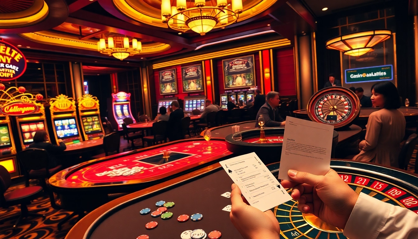 A vibrant casino scene capturing the thrill of gambling at https://ga888.mom with poker tables, slot machines, and roulette, highlighting player excitement.