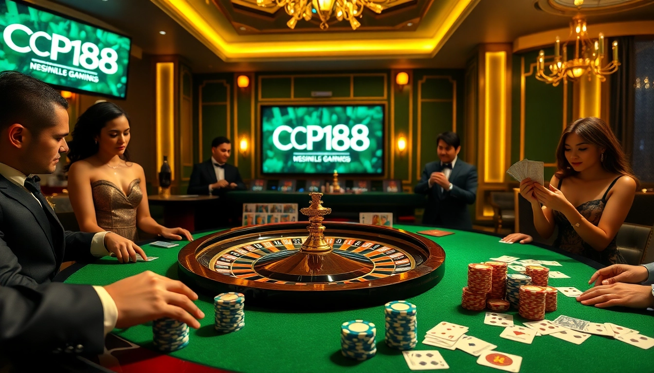 Players enjoying high-stakes poker at CPC188 with vibrant casino ambiance and luxury decor.