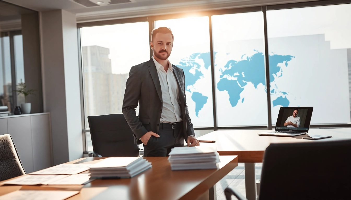 Headhunter Gastronomie bei der Arbeit, der Bewerbungen analysiert und Videoanrufe tätigt, in elegantem Büro.