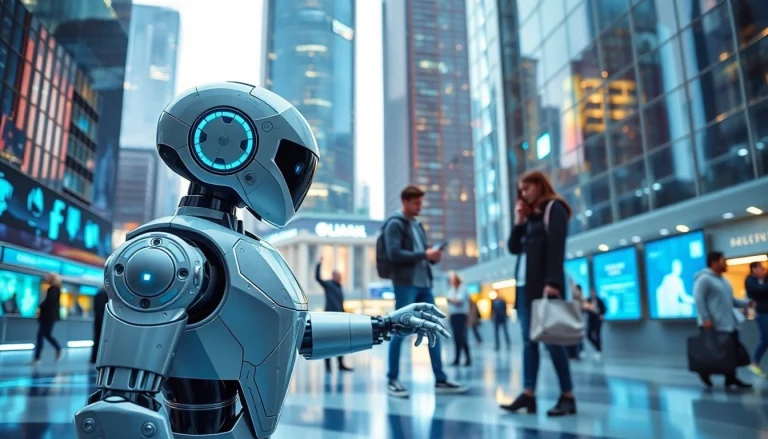 Die Technologie hilft Menschen in einer modernen urbanen Umgebung, interagierend mit Robotern.