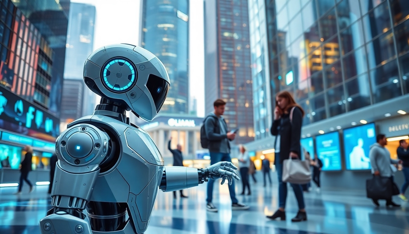 Die Technologie hilft Menschen in einer modernen urbanen Umgebung, interagierend mit Robotern.