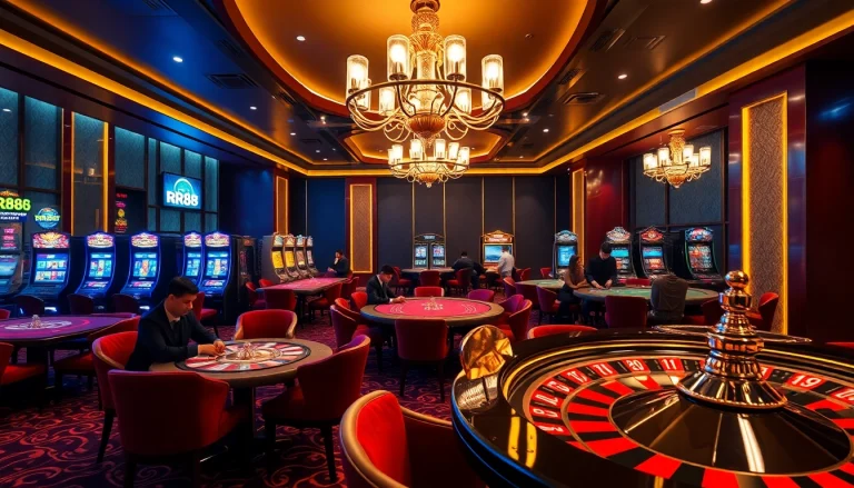 Experience high-stakes gambling excitement at RR88 shopping with vibrant casino tables and slot machines.