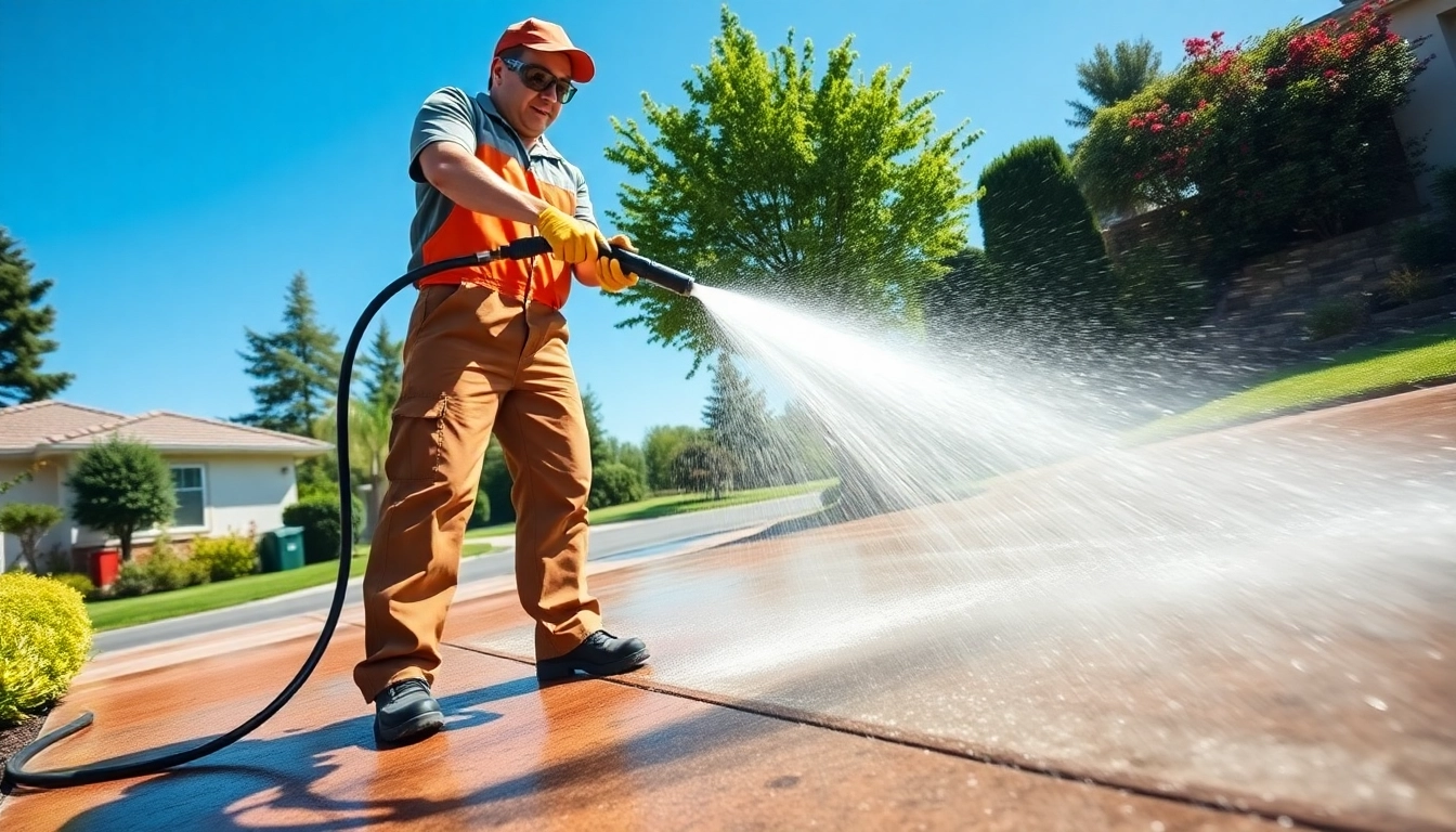 Driveway pressure wash service in action with a technician cleaning a driveway using a pressure washer.