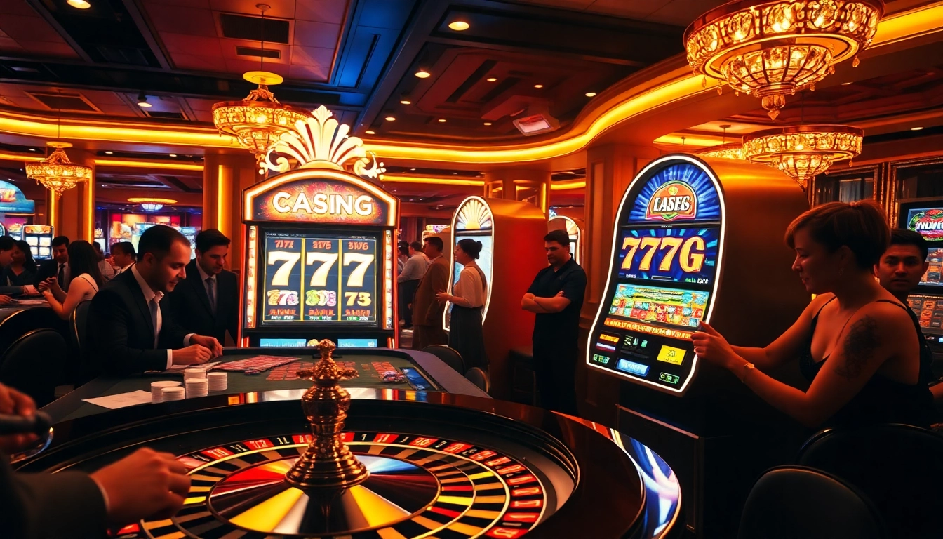 Players engaging with a vibrant 777g slot machine amid a luxurious casino ambiance.